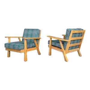 Pair of Ranch Oak Lounge Chairs Reupholstered in Plaid From Pindler