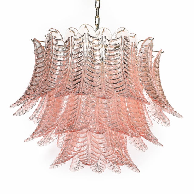 Metal Modernist Hand-Blown Smoked Rose Murano Glass 3-Tier Reeded Feather Chandelier For Sale - Image 7 of 18