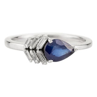 Pear Sapphire and Baguette Diamond 18k Gold Ring Size 7 For Sale
