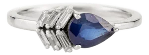 Pear Sapphire and Baguette Diamond 18k Gold Ring Size 7