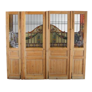 Antique Neoclassical Leaded Stained Glass Pine Floral French Doors - 4 Piece Set