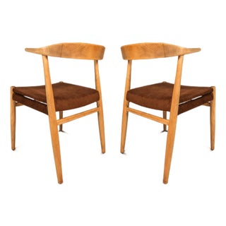 Set of Two (2) Rare Mid-Century Scandinavian Modern "Horn" Accent Armchairs in Beech & Suede Attributed to Folke Ohllson for Dux, Sweden, C. 1950s For Sale