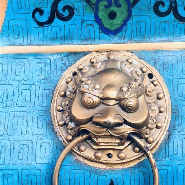 Mid 20th Century Pair of Monumental Vintage Cloisonné Enamel Fang Zun Vases – Beast Mask & Archaic Motif For Sale - Image 5 of 9