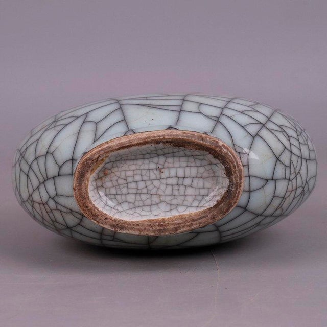 Celadon Chinese Ceramic Vase Guan Ware Crackle Glaze Celadon Double Ears Moonflask Vase For Sale - Image 8 of 9