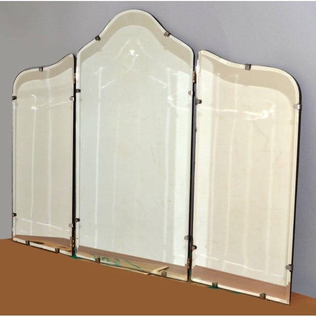Art Deco 1930s French Art Deco Arched 3-Panel Beveled Mantel Vanity Wall Mirror For Sale - Image 3 of 12