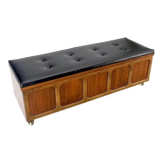 Mid-Century Modern Lane Tufted Bench With Record Storage/ Tufted Top Wood Bench & Record Storage For Sale