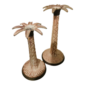 Vintage Brass Pink Palm Trees Candle Holder’s - A Pair