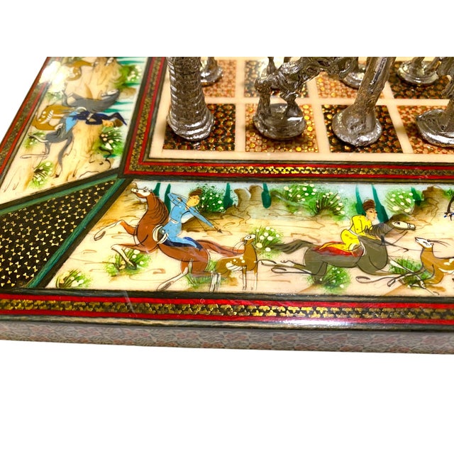 Red Persian Khatam Chess Board With Micro-Mosaic and Handpainted Decoration and Backgammon Board For Sale - Image 8 of 18
