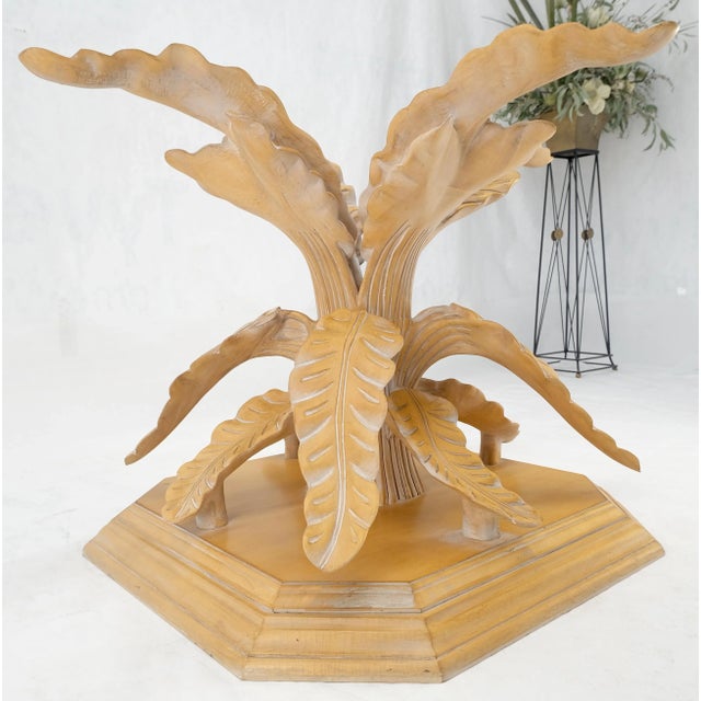 Mid-Century Modern Fine Details Carved Tree Leaves Solid Wood Base 60" Glass Top Dining Table For Sale - Image 3 of 12