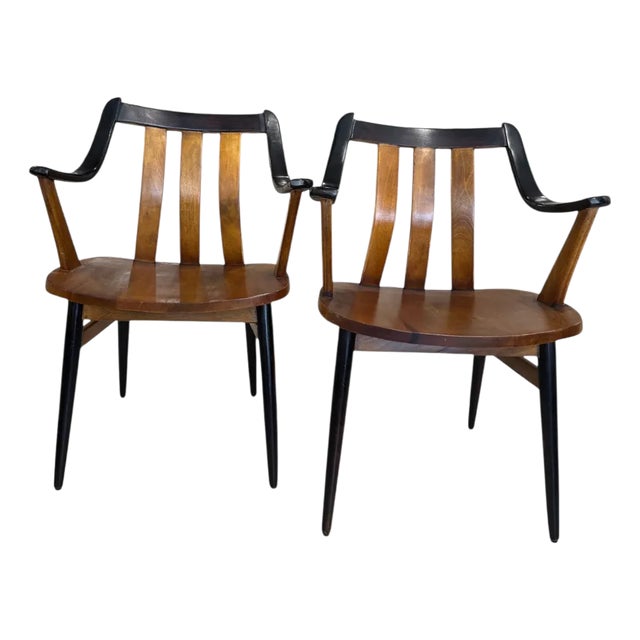 1960’s Pair of Teak Designer Bentwood Chairs Black and Brown For Sale