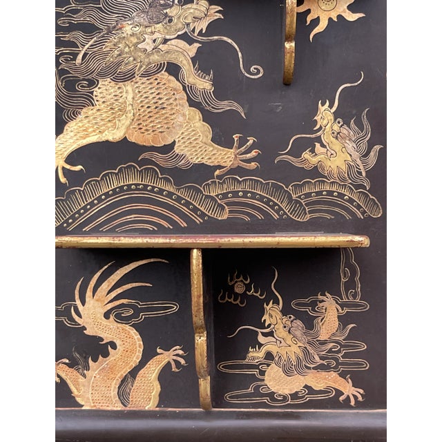 Wood 19th Century Chinese Hand Painted Black & Gold Lacquered Fold Up Wall Shelf For Sale - Image 7 of 8