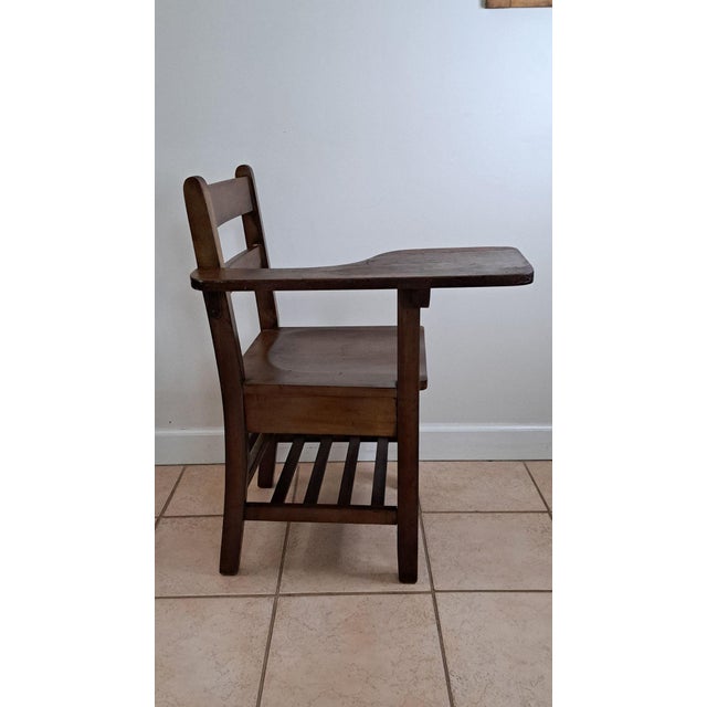 American 1930s Wooden School Desk Chair W/Attached Writing Arm & Book Shelf Ocean County For Sale - Image 3 of 12
