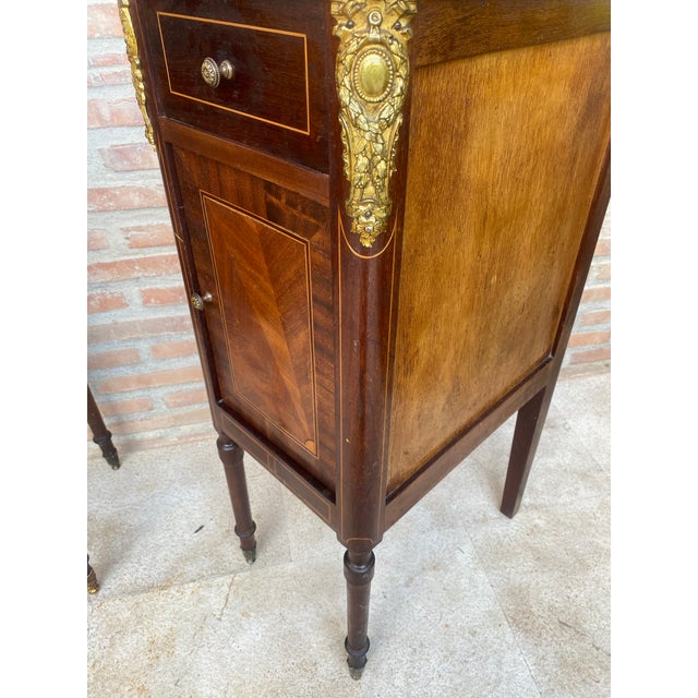 1940s Pair of French Empire Style Wood Nightstands With Inlay and Bronze Mounts For Sale - Image 11 of 11