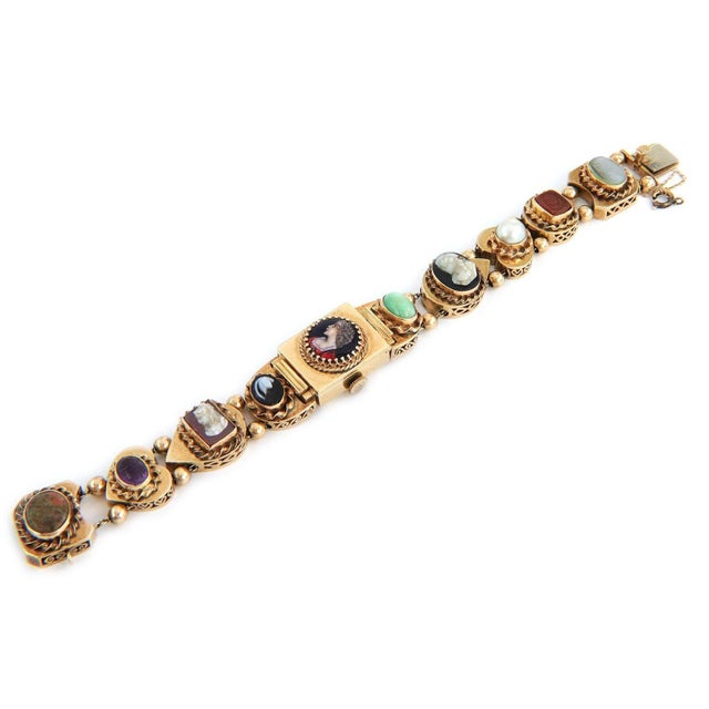 Slide Charms Bracelet Vintage 14k Gold Cameo Gems Hidden Watch For Sale - Image 4 of 7