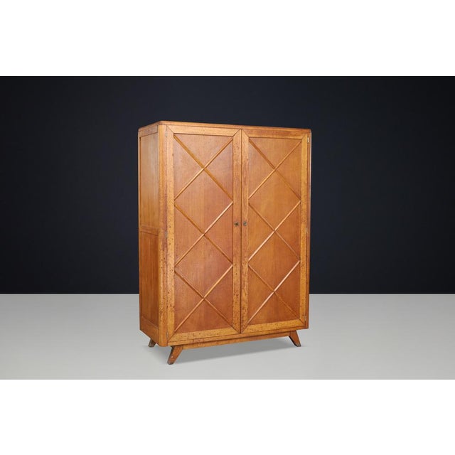 Wood French Blond Oak Wardrobe with Diamond Pattern Doors, France, 1950s For Sale - Image 7 of 10