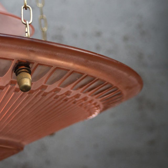 Pink Art Deco French Brass and Red Pink Glass Pendant Light, 1920s For Sale - Image 8 of 11