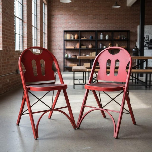 Pair 1920s-30s Rastetter Solid Kumfort Folding Chairs-Art Deco-Antique-Red Wood For Sale - Image 4 of 12