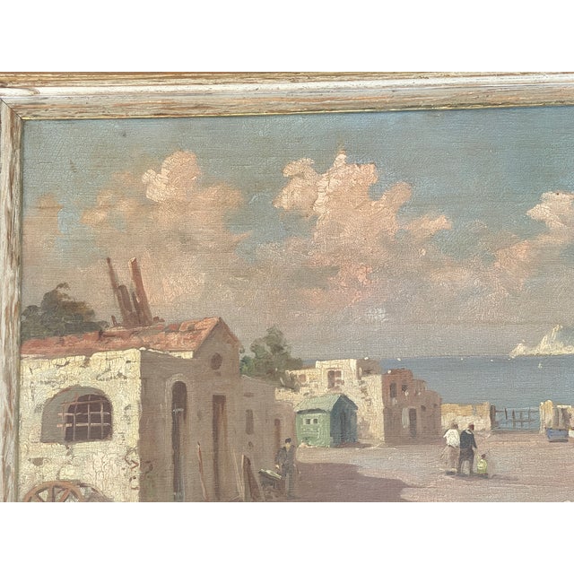 Wood Early 20Th C. Oil on Canvas Coastal Seascape "Village on the Sea, Signed For Sale - Image 7 of 14