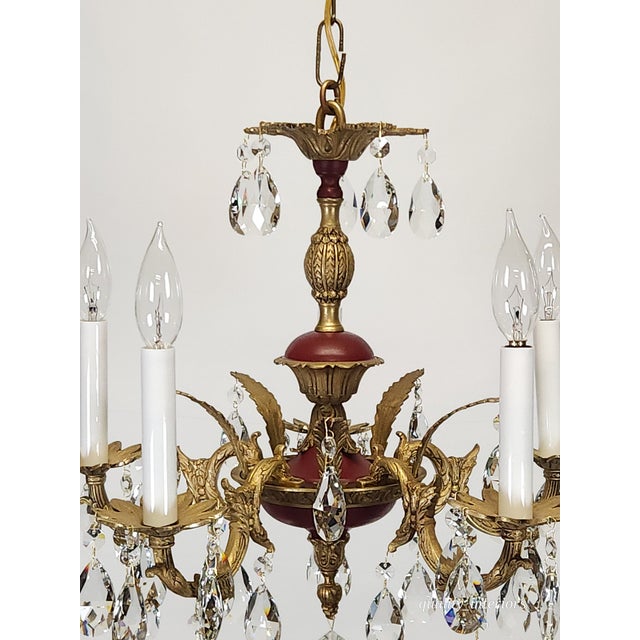 1950s Antique 5 Arm Petite Oxblood Empire Brass Cut Lead Glass Crystal Chandelier For Sale - Image 5 of 18