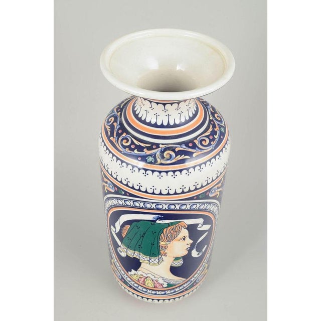 Italian Majolica Vase, 20th century. Decorative Italian majolica vase adorned using the decalcomania transfer technique,...