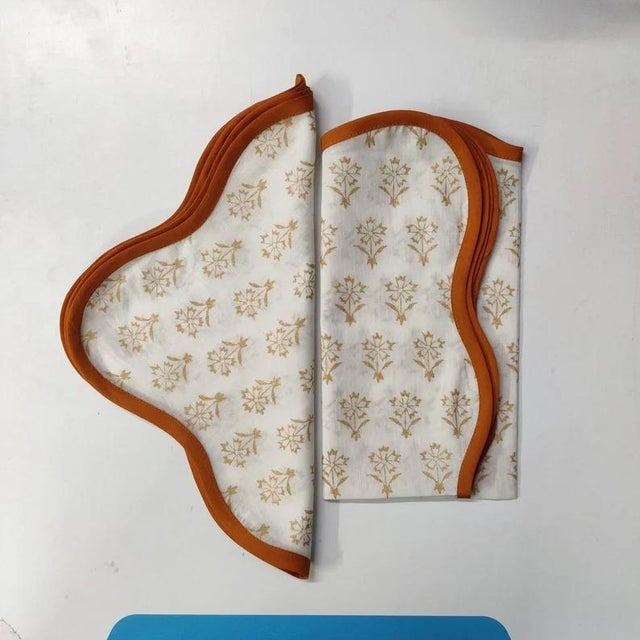 Handmade Scalloped Napkins, White with Ochre Trim - Set of 4 For Sale - Image 9 of 10