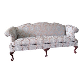 Formal Carved Mahogany Sofa – Cream & Gold Floral Damask Upholstery For Sale