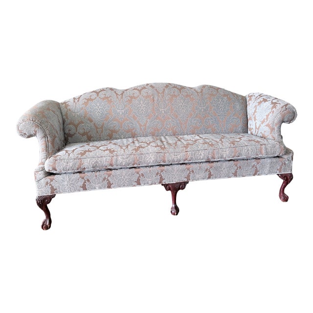 Formal Carved Mahogany Sofa – Cream & Gold Floral Damask Upholstery For Sale