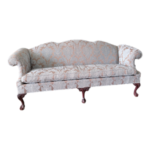 Formal Carved Mahogany Sofa – Cream & Gold Floral Damask Upholstery