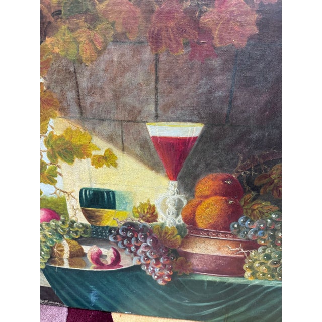 Rustic European Early 20th Century European School Fruit and Wine Still Life Oil on Canvas For Sale - Image 3 of 4