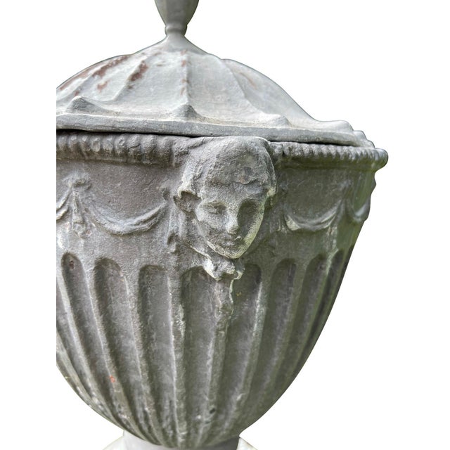 19th Century English Classical Lead Garden Urns with Covers Grey - A Pair For Sale - Image 17 of 18