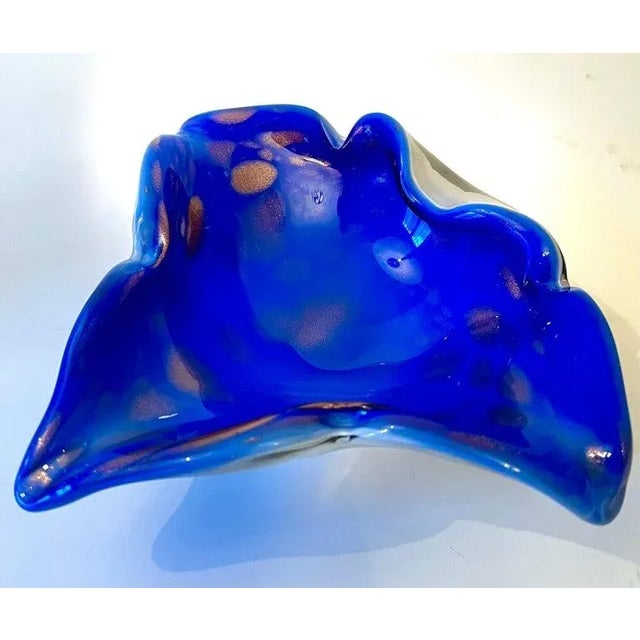 Italian Sommerso Murano Glass Bowl Ashtray in Brilliant Blue with Gold Flecks For Sale - Image 10 of 12