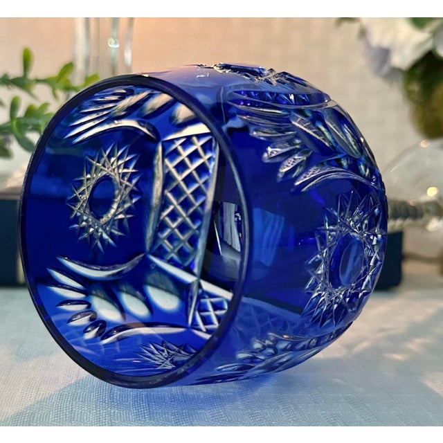 Mid 20th Century Vintage Cobalt Blue Cut to Clear Bohemian Wine Goblets - 2 Piece For Sale - Image 5 of 8