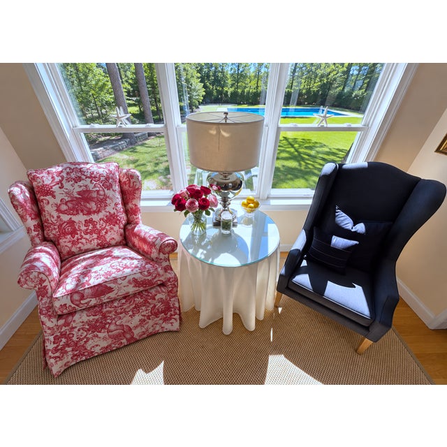 2000 - 2009 Custom Wingback Chair in Red Raspberry and Cream in Heritage Toile by Brunschwig & Fils For Sale - Image 5 of 17