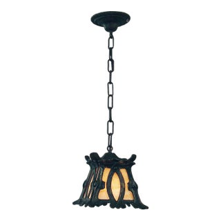1920s Small Arts & Crafts Mission Iron Hanging Light Pendant With Opalescent Slag Glass For Sale