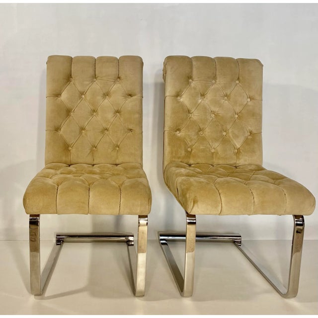 Mid-Century Modern 1970’s Karl Springer Style Suede & Chrome Tufted Cantilever Chairs- A Pair For Sale - Image 3 of 12