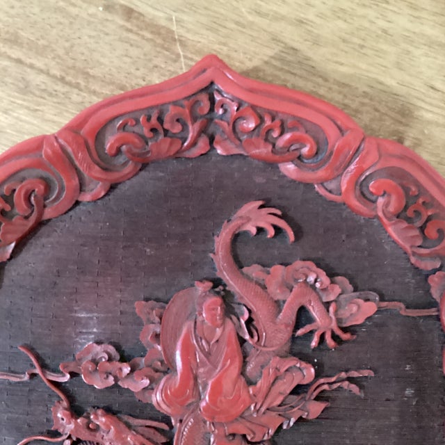 Early 20th Century Antique Chinese Red Cinnabar Lacquer Scalloped Dragon Plate With Calligraphy Marks For Sale - Image 5 of 12