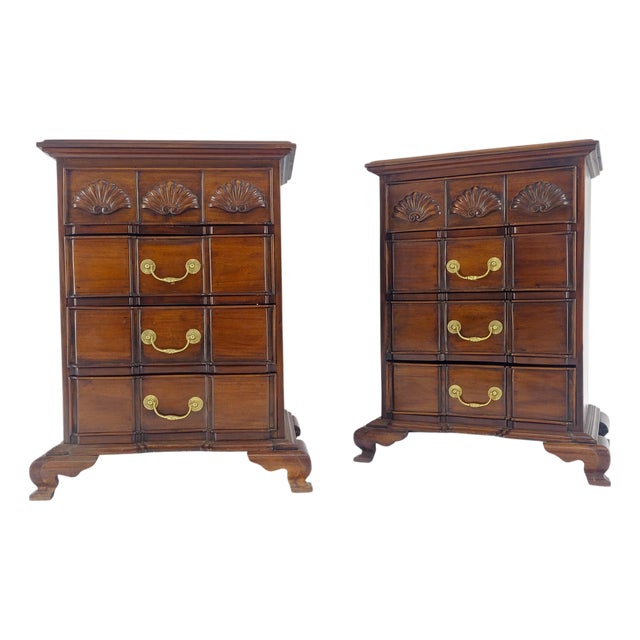 Pair of Solid Mahogany Brass Pull 4 Drawer Bracket Feet Night Stands Tables MINT For Sale