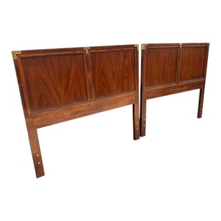Pair of Henredon Campaign Style Walnut Twin Headboards With Brass Accents For Sale
