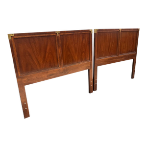Pair of Henredon Campaign Style Walnut Twin Headboards With Brass Accents
