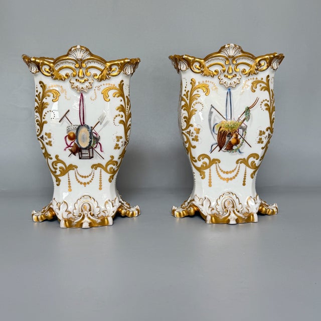 JACOB PETIT PORCELAIN Pair of Rococo Spill Vases / Cache Pots, Hand Painted Floral & Armorial Decoration, Fontainebleau,...