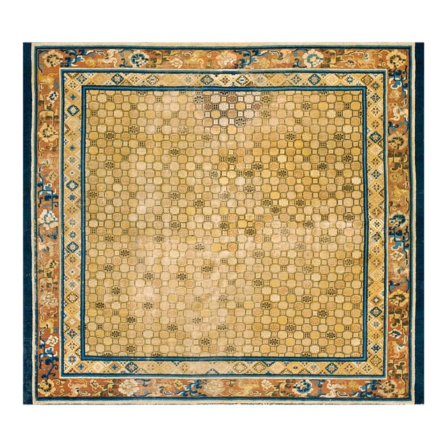 Incredible Small Hexagonal Camel Background With Floral Border Antique Chinese Ningxia Rug For Sale