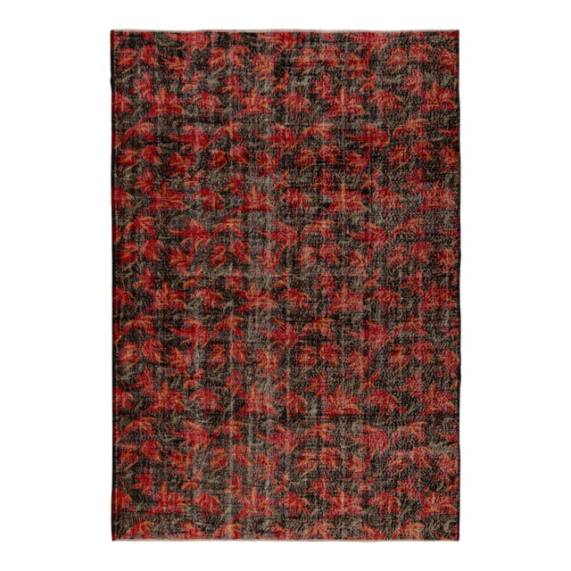 1960s Vintage Deco Rug in Red and Black Distressed Floral Pattern by Rug & Kilim For Sale
