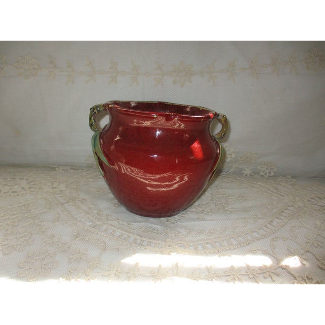 French Country Vintage Majolica French Country Dark Red With Birds Double Handle Cachepot 5.5" Tall For Sale - Image 3 of 6