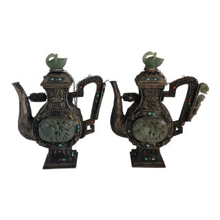 Antique Silver Jade Tibetan Wine Ewers Turquoise and Coral Decorated-A Pair For Sale