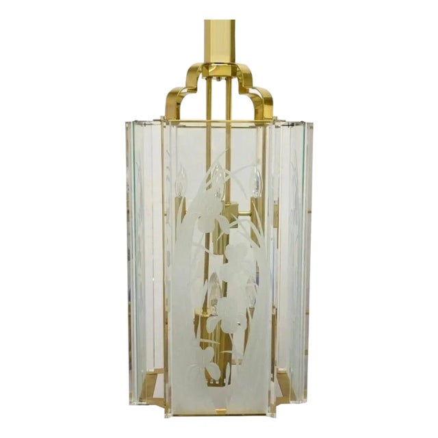 Vintage Fredrick Ramond Mid Century Modern Brass Lucite Glass Pendant Chandelier For Sale