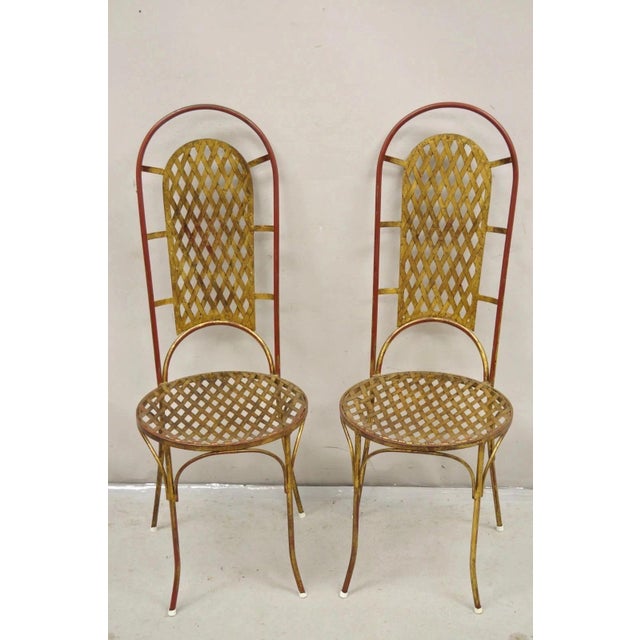 Hollywood Regency Vintage Italian Hollywood Regency Iron Gold Gilt Lattice Dining Set - 7 Pc Set For Sale - Image 4 of 14