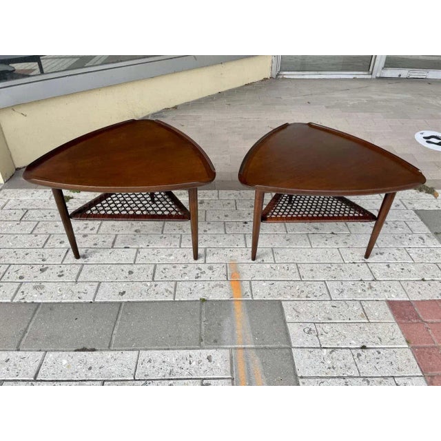 Brown Poul Jensen for Selig Walnut and Woven Cane Guitar Pick Tables, Pair For Sale - Image 8 of 9