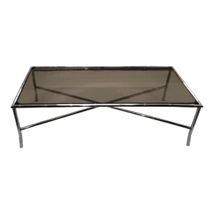 Mid 20th Century Hollywood Regency Chrome Faux Bamboo and Smoked Glass Coffee Table