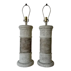 Vintage Column Plaster Table Lamps With Geometric Pattern - a Pair