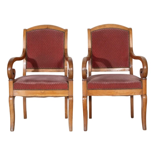 Pair of Louis Philippe Cherry Wood Armchairs with Upholstered Seats For Sale